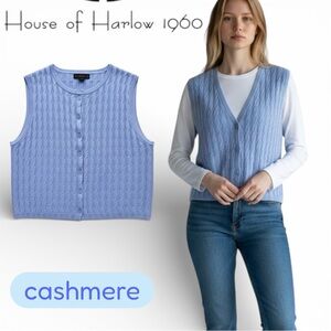 House of Harlow 1960 Vest Women Cashmere Blue Size L Sleeveless Cable Knit NWT